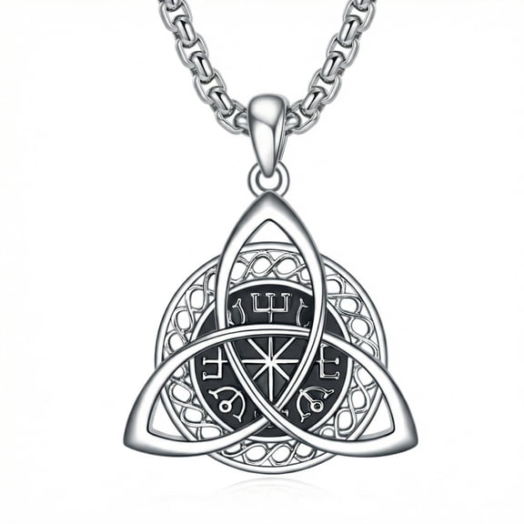 MYSTICPOEM Celtic Necklace Viking Jewelry Irish Triangle Trinity Knot Witch Knot Necklace Amulet Protection Gifts for Women Men (Black)