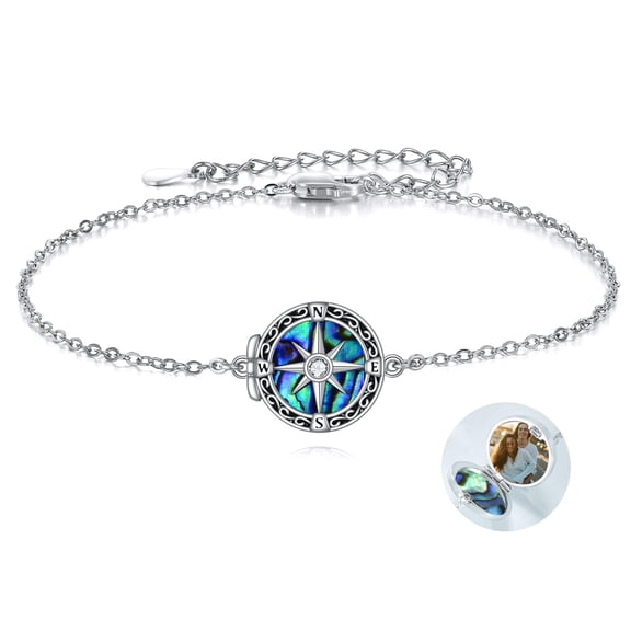 MYSTICPOEM Compass Locket Bracelet 925 Sterling Silver Holds Pictures Photo Keep Someone Near to You Custom Jewelry for Men Women