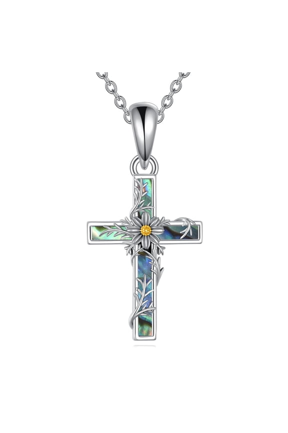 Cosmos Cross Necklace Sterling Silver Flower Cross Pendant Abalone Shell Jewelry Religious Christian Baptism Gifts for Her Women