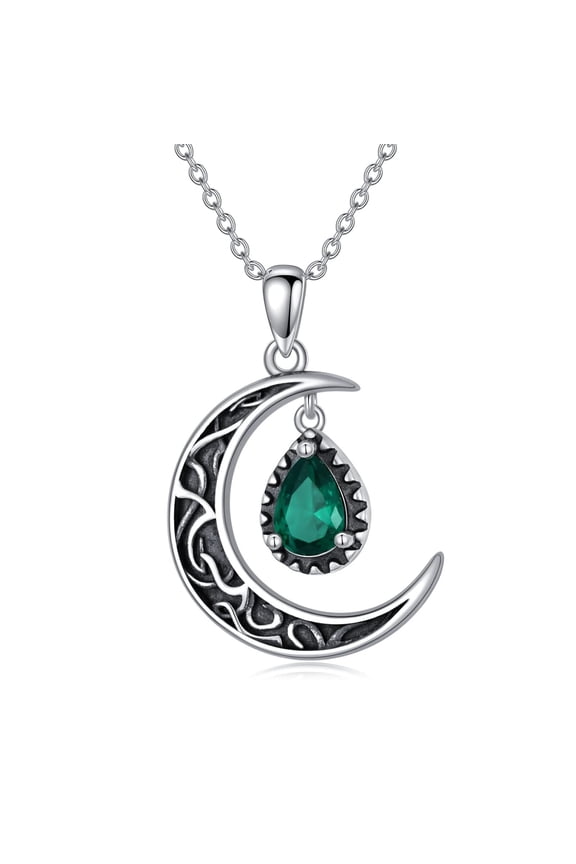Crescent Moon Necklace Sterling Silver Emerald / Red /Purple / Black / Rainbow Topaz / Green / Aquamarine / Blue / Moss Agate Celtic Moon Teardrop Necklace Celtic Jewelry Gifts