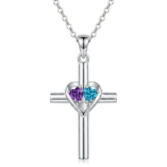 MYSTICPOEM Cross Birthstone Necklace Amethyst and Aquamarine Pendant February and March Jewelry Anniversary Christmas Birthday Heart Gifts for Women Wife Mom Lady Her