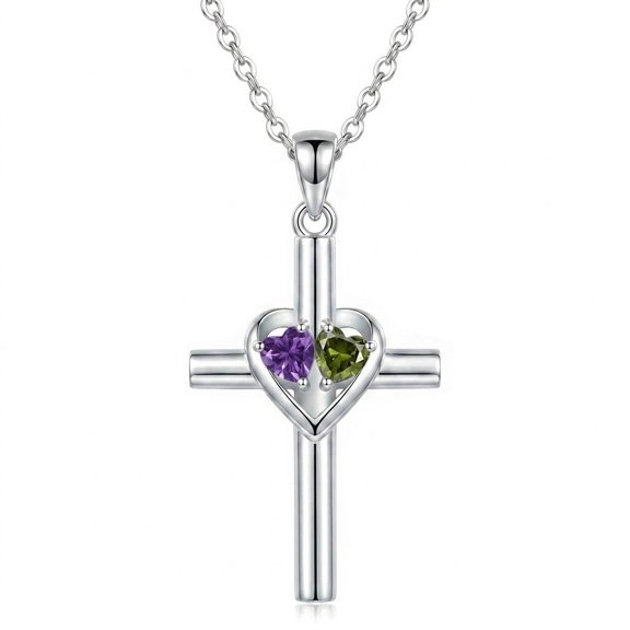 MYSTICPOEM Cross Birthstone Necklace Amethyst and Peridot Pendant February and August Jewelry Anniversary Birthday Christmas Heart Gifts for Wife Mom Lady Her