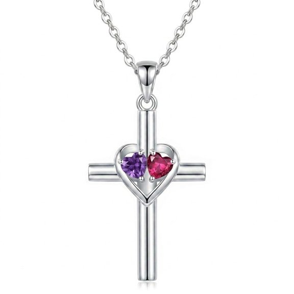 MYSTICPOEM Cross Birthstone Necklace Amethyst and Ruby Pendant February and July Jewelry Anniversary Birthday Christmas Heart Gifts for Wife Mom Lady Her
