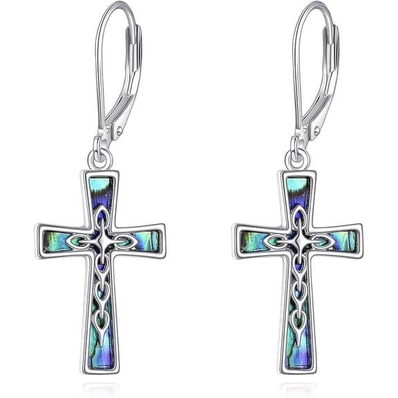 MYSTICPOEM Cross Earrings 925 Sterling Silver Cross Drop Dangle Earrings Abalone Shell Cross Tree of Life/Cross Earrings Religious Jewelry for Women Men