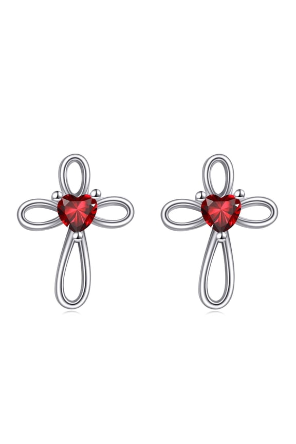 Cross Earrings 925 Sterling Silver January Birthstone Garnet Heart Cross Stud Earrings Religious Christian Baptism Jewelry First Communion Day Gifts for Women