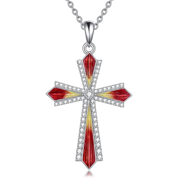 MYSTICPOEM Cross Necklace 925 Sterling Silver Cubic Zirconia CZ Cross Crucifix Pendant Necklace Jewelry for Women Men