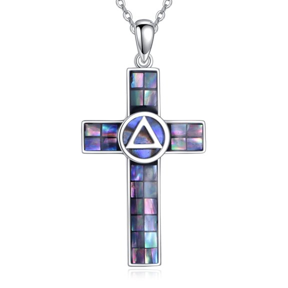 MYSTICPOEM Cross Necklace Sobriety Necklace 925 Sterling Silver Religious Cross Pendant Abalone Shell Cross Jewelry Christian Gift for Women Men