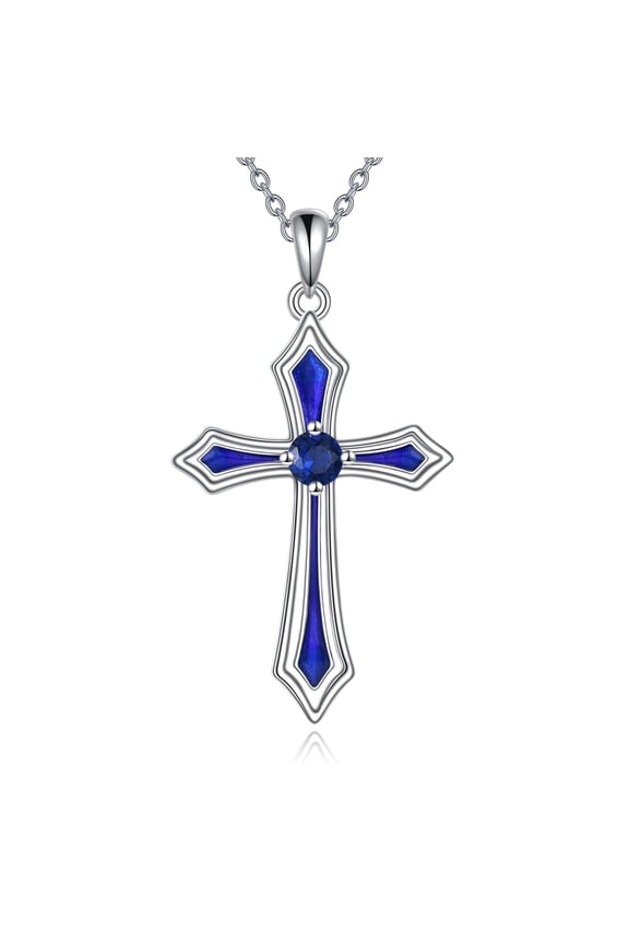 Cross Necklace for Women Men 925 Sterling Silver 5A CZ September Birthstone Necklaces Gifts for Christmas, Birthday or Anniversary (I.Dark Blue-September-Sapphire)