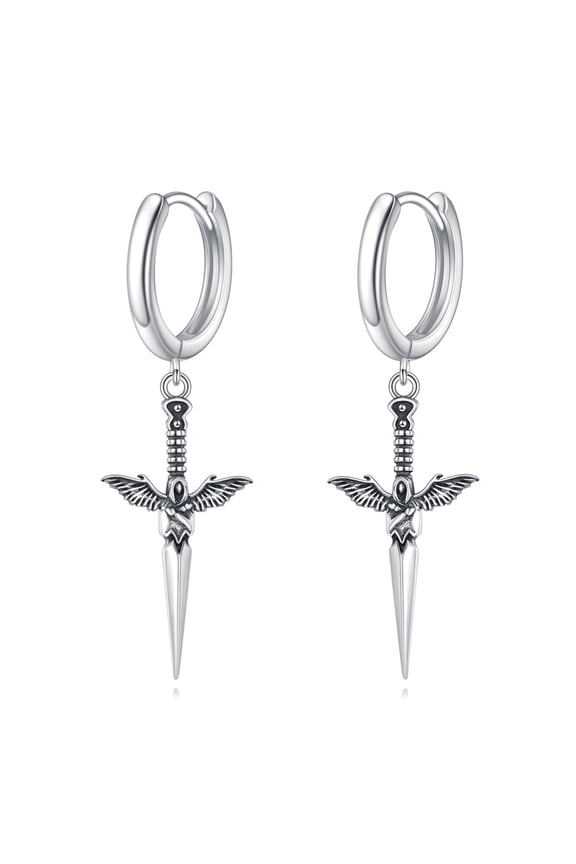 Dagger Earrings 925 Sterling Silver Dagger Drop Earrings Angel Wings Dangle Earrings Jewelry Gift for Women Men