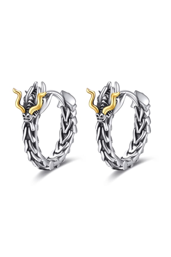 Dragon Hoop Earrings 925 Sterling Silver Small Vintage Gothic Punk Rock Hoop Earrings Men