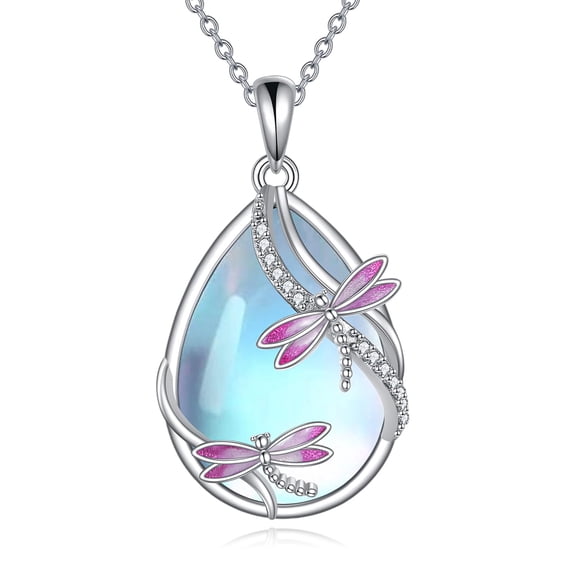 MYSTICPOEM Dragonfly Necklace for Women Sterling Silver Moonstone Pendant Necklace Purple Dragonfly Jewelry Gifts for Women
