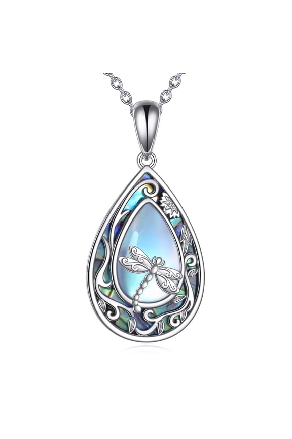Dragonfly Necklace for Women Sterling Silver Teardrop Moonstone Abalone Shell Pendant Necklace Dragonfly Jewelry Gifts for Women
