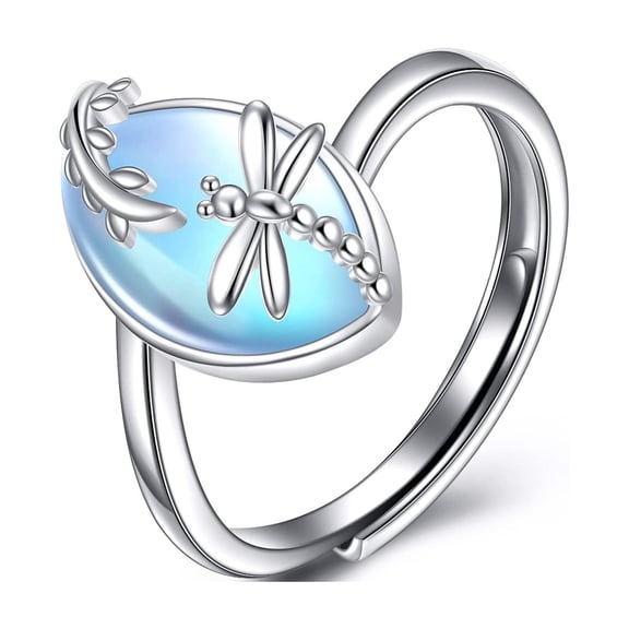 MYSTICPOEM Dragonfly Ring 925 Sterling Silver Moonstone Dragonfly Ring Adjustable Rings Jewelry Gifts for Women Wife Birthday Christmas