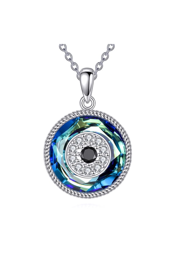 Evil Eye Crystal Pendant Necklace for Women 925 Sterling Silver Greek Protection Jewelry with Blue Sapphire and Black Cz Amulet Gift