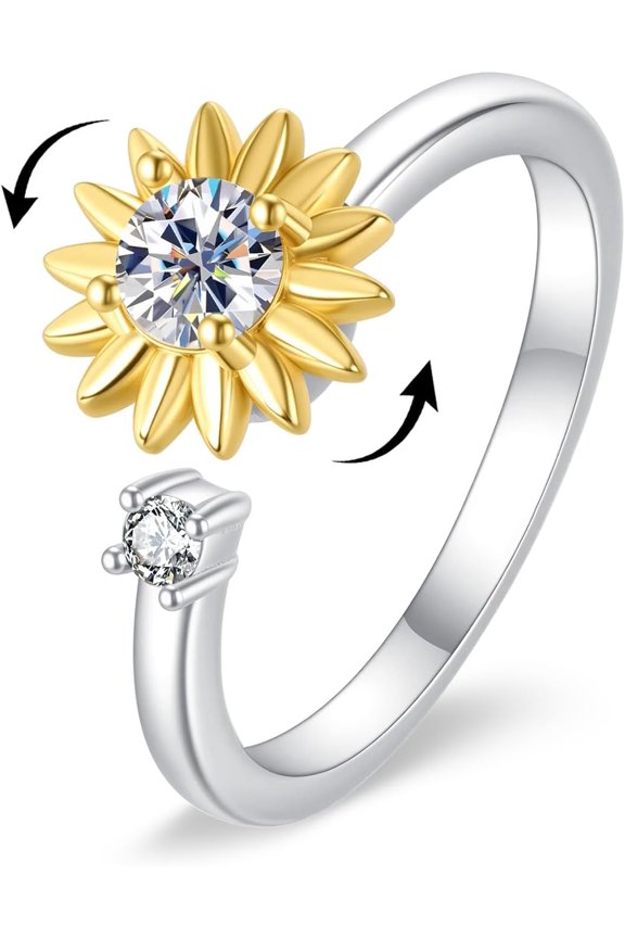 Fidget Rings for Anxiety for Women Cubic Zirconia Sunflower Rings Spinner Open Adjustable Ring Anxiety Jewelry Gift for Mom, Sister, Friends