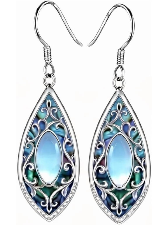 Filigree Earrings Boho Teardrop Dangle Earrings with Moonstone Blue Enamel Drop Earrings Vintage Jewelry Gift for Women