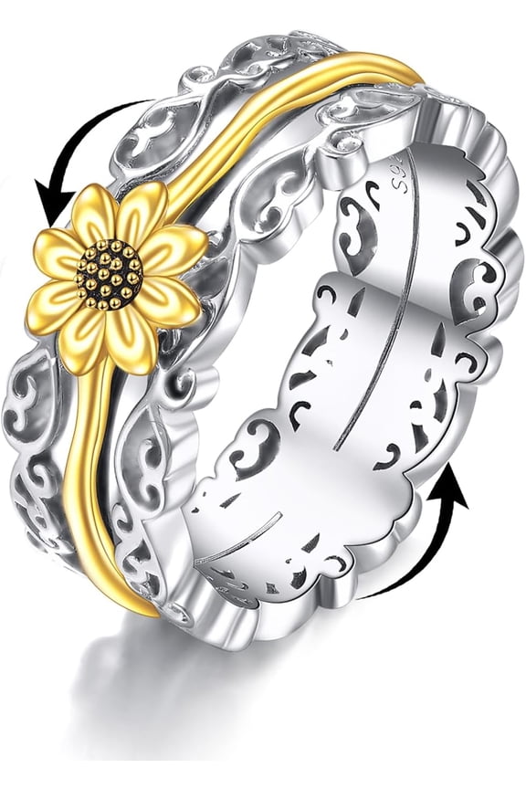 Filigree Sunflower Fidget Rings for Anxiety 925 Sterling Silver Sunflower Cross Moonstone Moss Agate Spinner Rings for Women Anti Stress Mood Rings Gifts Band Wide