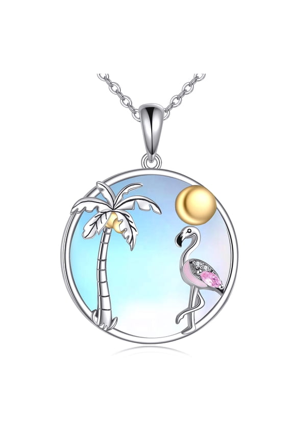 Flamingo Necklace S925 Sterling Silver Palm Tree Pendant with Moonstone Flamingo Jewelry Gifts for Women Mom
