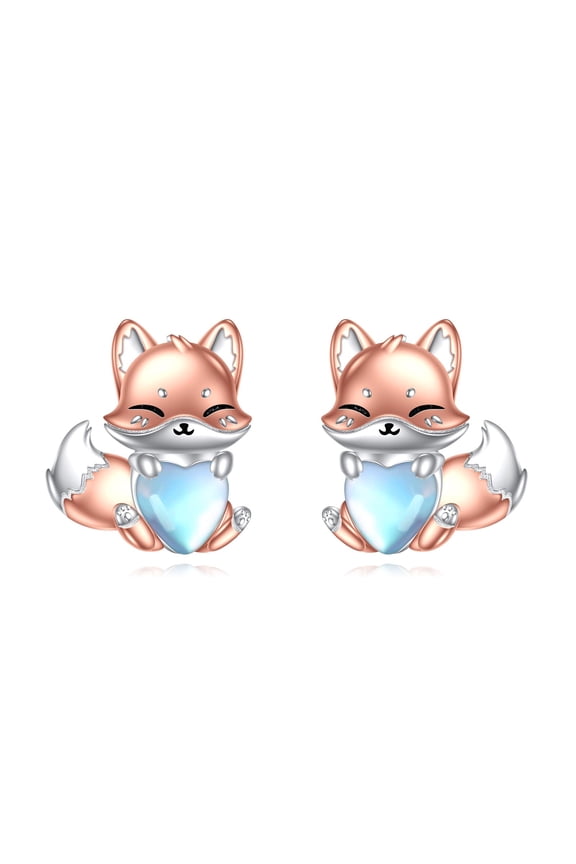 Fox Stud Earrings for Women 925 Sterling Silver Moonstone Ear Studs Fox Jewelry Gift