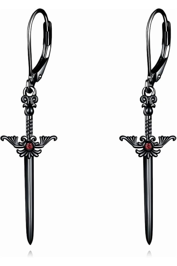 Gothic Earrings 925 Sterling Silver Black Witches Heart/Sword Dangle Dangly Drop Leverback Earrings Goth Jewelry Gifts for Women