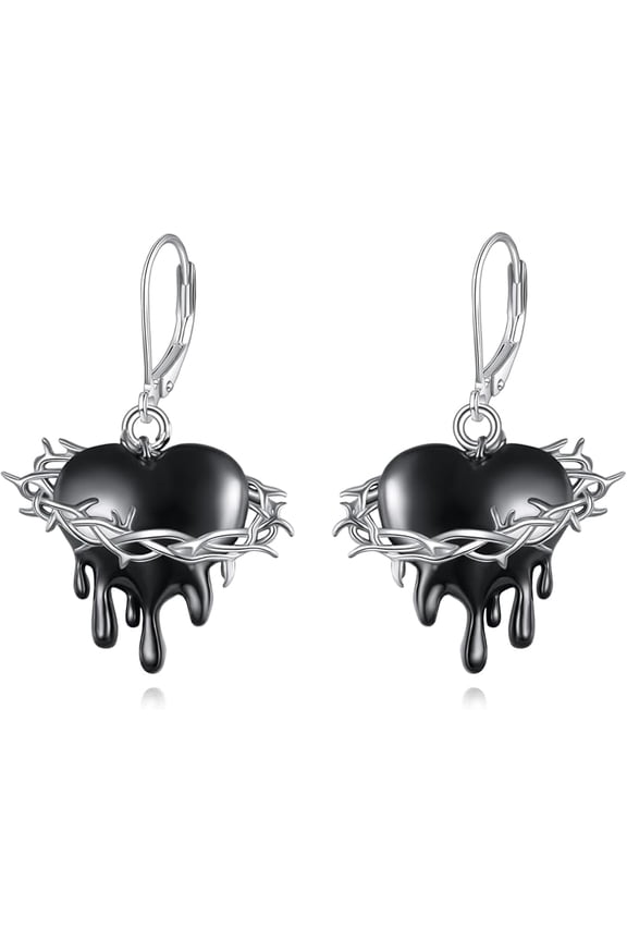 Gothic Earrings 925 Sterling Silver Black Witches Heart/Sword Dangle Dangly Drop Leverback Earrings Goth Jewelry Gifts for Women