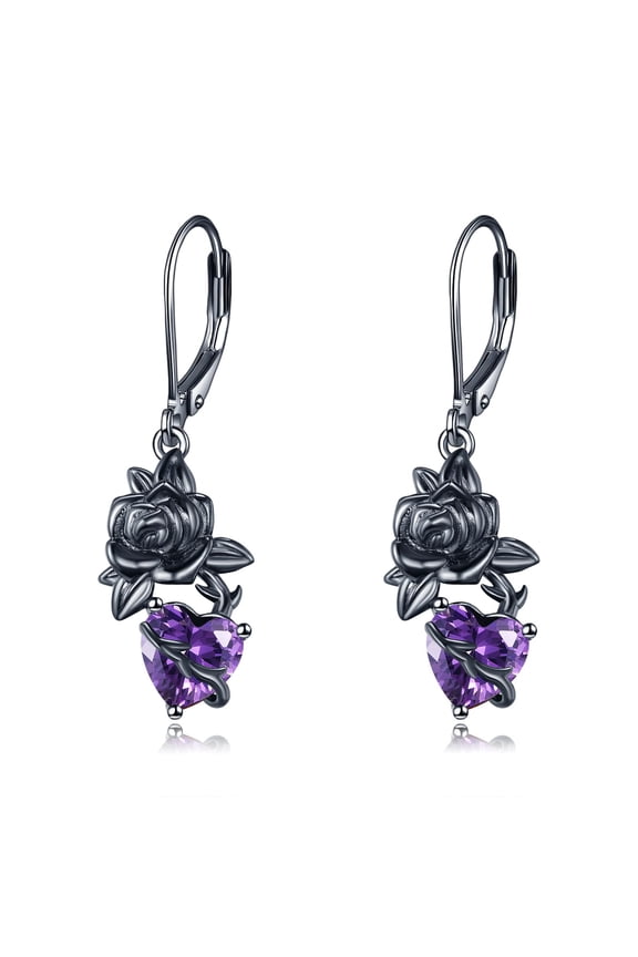 Gothic Earrings for Women Black Rose Flower Heart Dangle Earrings Goth Jewelry Gifts for Women (February birthstone rose earrings)