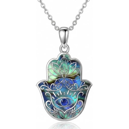 MYSTICPOEM Hamsa Hand Necklace for Women Evil Eye Pendant with Abalone Shell Fatima Hand Protection Jewelry Hamsa Gift for Men Women