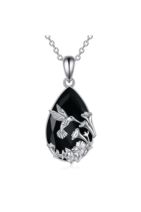 Hummingbird Necklace Sterling Silver Black Obsidian Pendant Tourmaline Crystal Healing Jewelry Spiritual Protection Gifts for Women