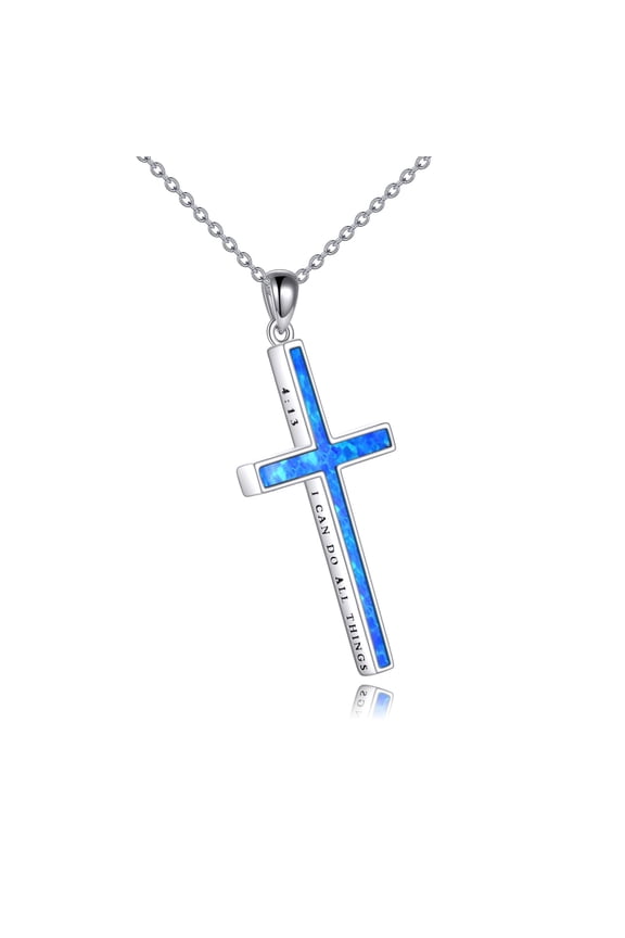 I Can Do All Things Cross Necklace Sterling Silver Blue Opal Cross Pendant Thin Cross Jewelry Gifts for Women Men