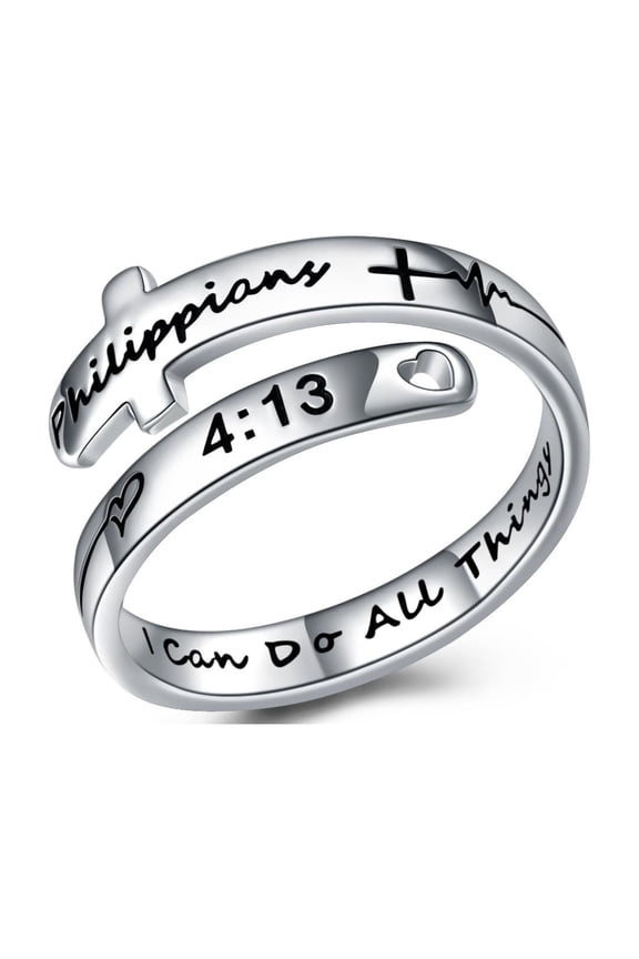 I Can Do All Things Cross Rings Sterling Silver Faith Adjustable Wrap Rings For Women Teens Inspirational Jewelry Gifts (I Can Do All 4:13, 7)