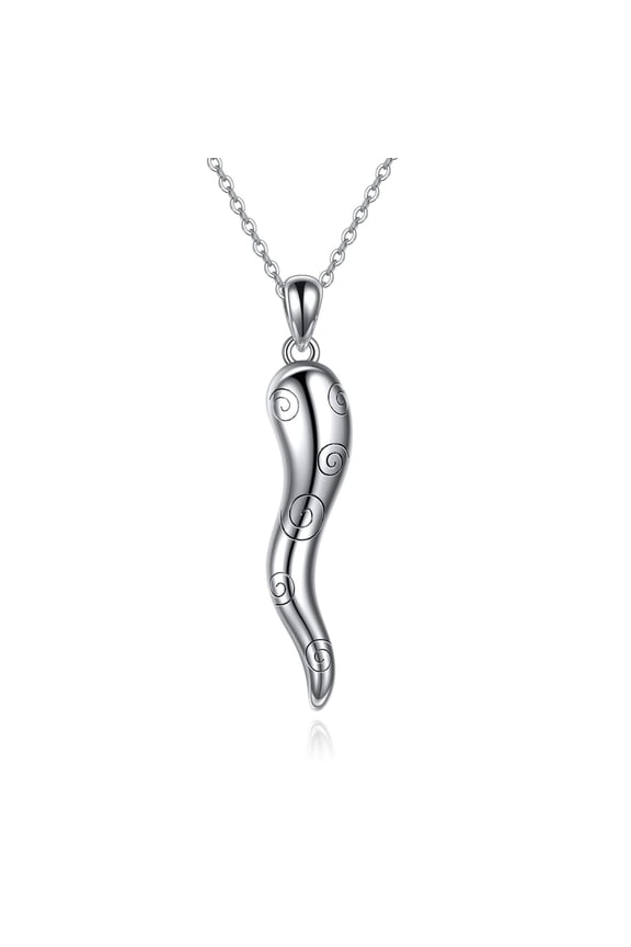 Italian Horn Pendant Necklace for Women 925 Sterling Silver Lucky Protection Amulet Jewelry Gift (White plated)