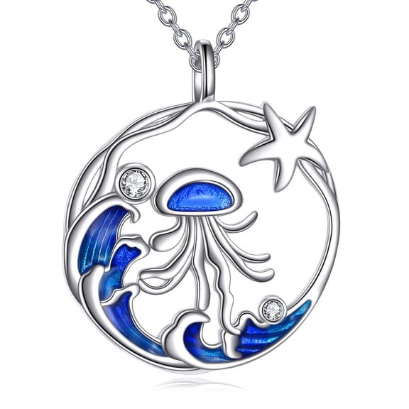 MYSTICPOEM Jellyfish Necklace For Women 925 Sterling silver Blue Jellyfish Star Wave Ocean Pendant Necklace