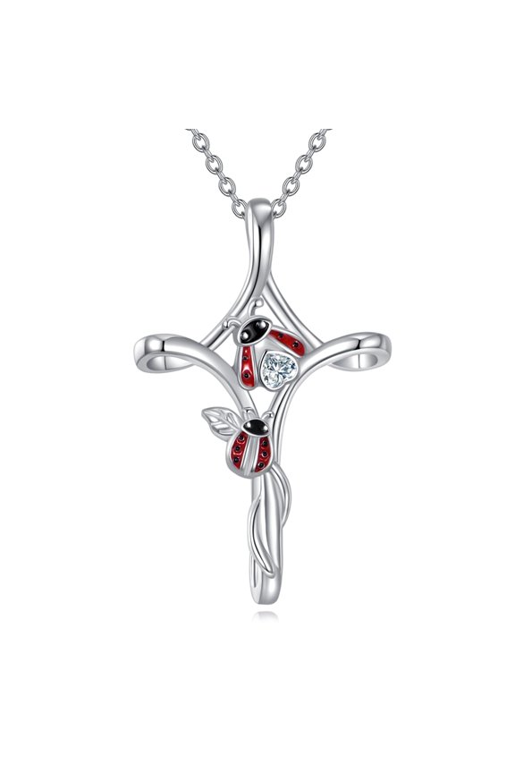 Ladybug Cross Necklace 925 Sterling Silver Cross Pendant Jewelry Gifts for Women Ladybug Lovers Christmas Gifts