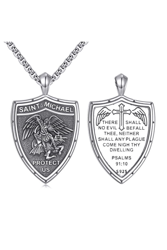 Large Saint Michael Shield Necklace Sterling Silver Religious Protector Pendant St Michael Archangel Jewelry Gifts for Women Men