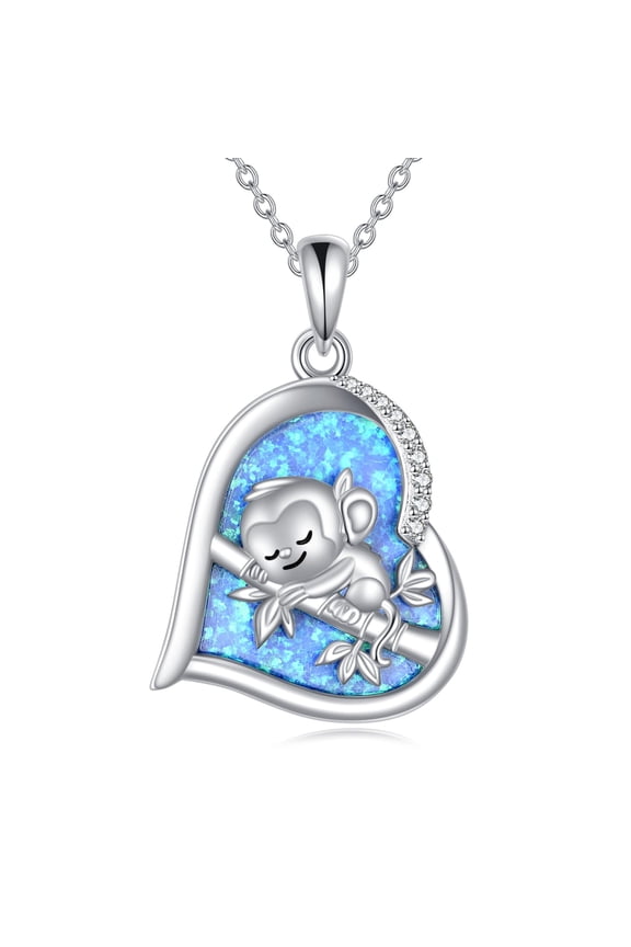 Monkey Necklace for Women S925 Sterling Silver Monkey Pendant Necklace Blue Opal Heart Pendant Jewelry Gift for Animal Lovers