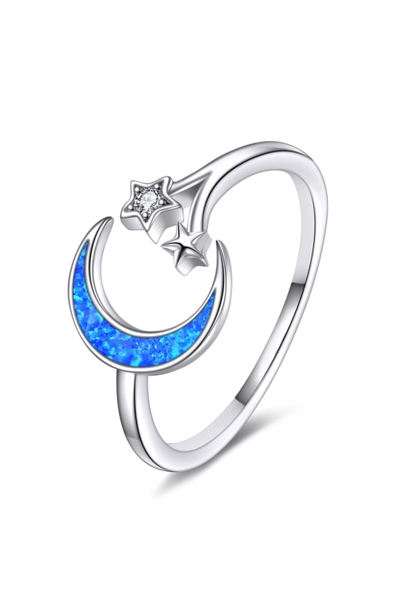 Moon Star Ring for Women 925 Sterling Silver Blue Opal Crescent Adjustable Open Ring Celestial Jewelry