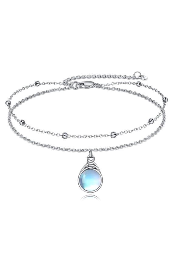 Moonstone Anklets for Women 925 Sterling Silver Double Layered Chain Moonstone Beach Anklets Dainty Foot Jewelry Gifts