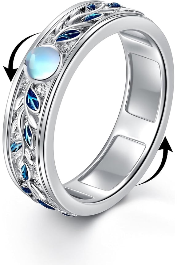 Moonstone Fidget Anxiety Rings 925 Sterling Silver Leaf Ring for Women Worry Vine Spinner Rings Anti Stress Mood Jewelry Gifts Band Wide 6-10#