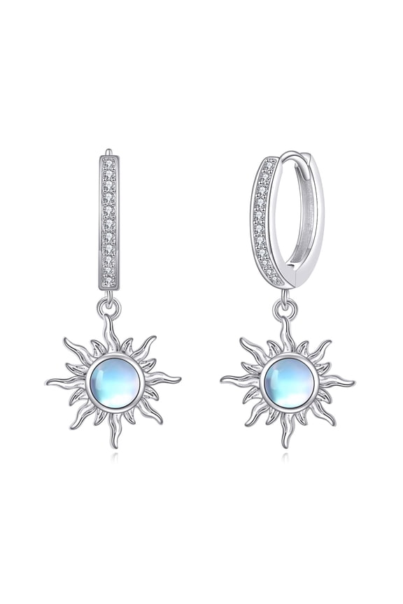 Moonstone Sun Earrings Sterling Silver Sunburst Dangle Drop Earring Sunshine Jewelry Gifts for Women (Silver-Moonstone Sun Earrings)