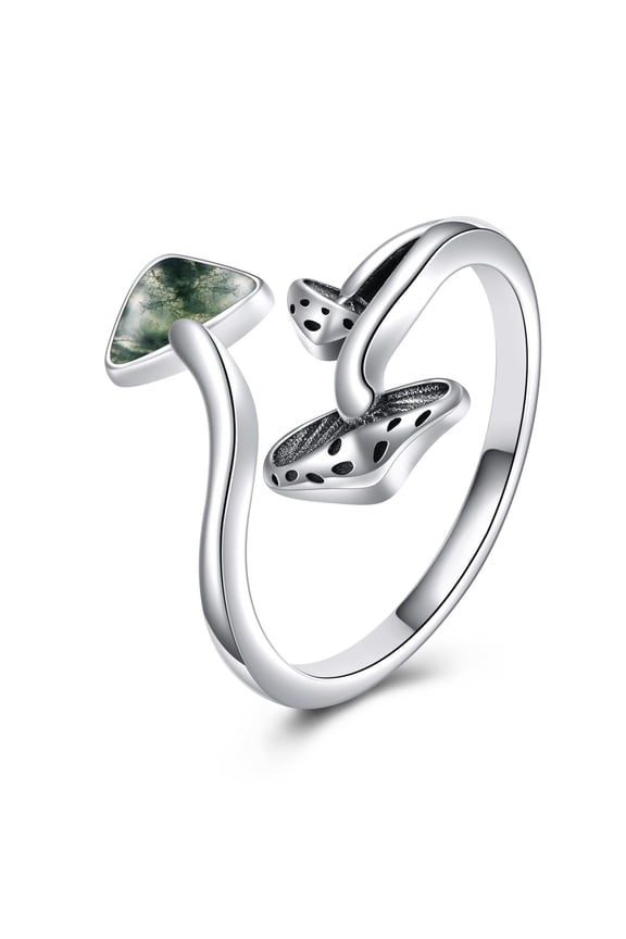 Moss Agate Mushroom Rings For Women Sterling Silver Adjustable Open Ring Jewelry Vintage Nature Ring