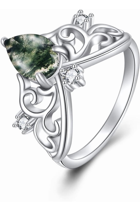 Moss Agate Ring Sterling Silver Natural Stone Rings Moss Agate Jewelry Gifts for Women Size 7