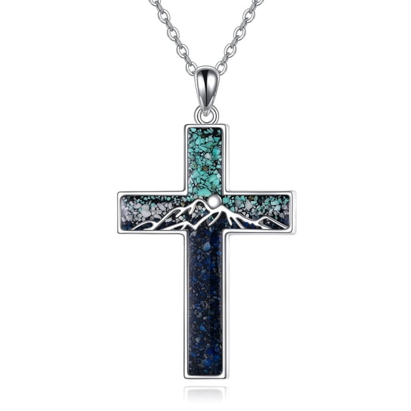 MYSTICPOEM Mountain Cross Necklace Sterling Silver Mountain Pendant Religious Jewelry Gifts for Women Men