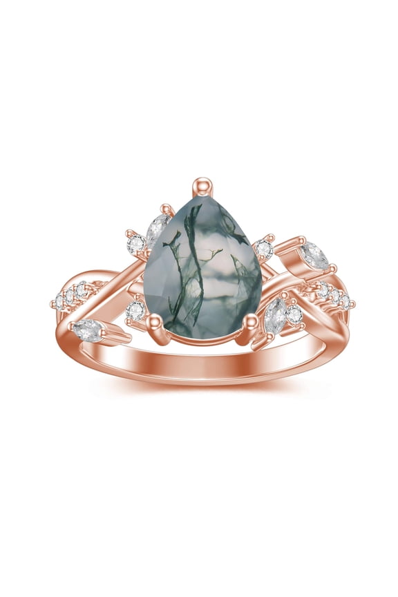 Natural Moss Agate Ring 925 Sterling Silver Size 7 Teardrop Aquatic Green Agate Rings Leaf Rose Gold Promise Ring Wedding Jewelry Gift for Women Her Wife