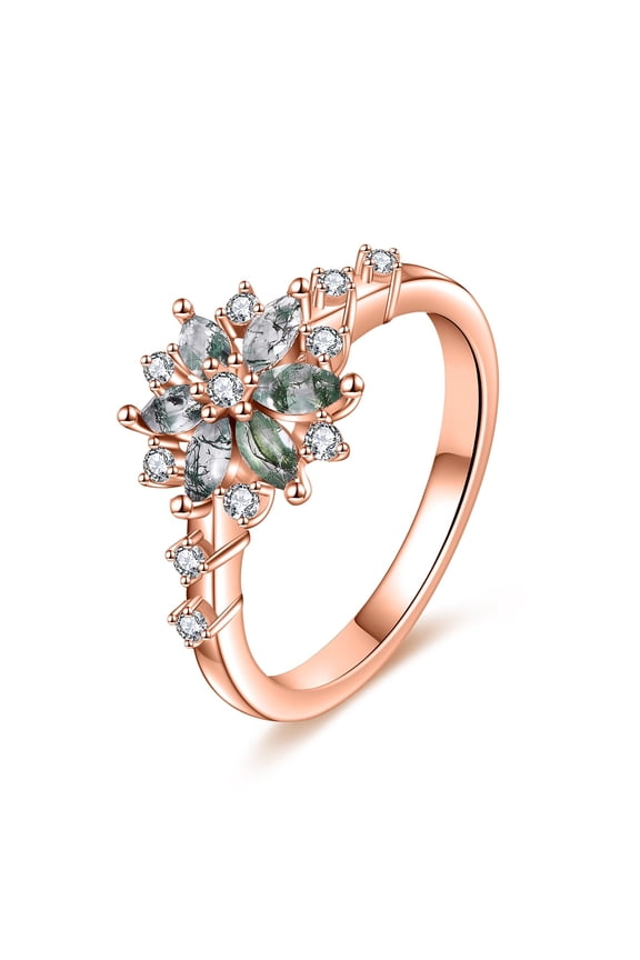Natural Moss Agate Ring for Women 925 Sterling Silver Snowflake Ring Moss Agate Jewelry Gift Engagement Rings (rose gold, 7)