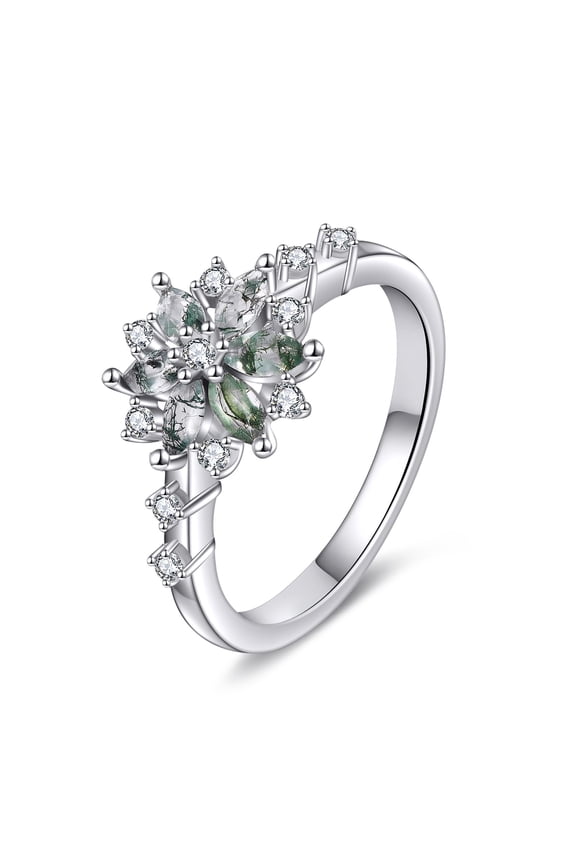 Natural Moss Agate Ring for Women 925 Sterling Silver Snowflake Ring Moss Agate Jewelry Gift Engagement Rings (silver, 8)