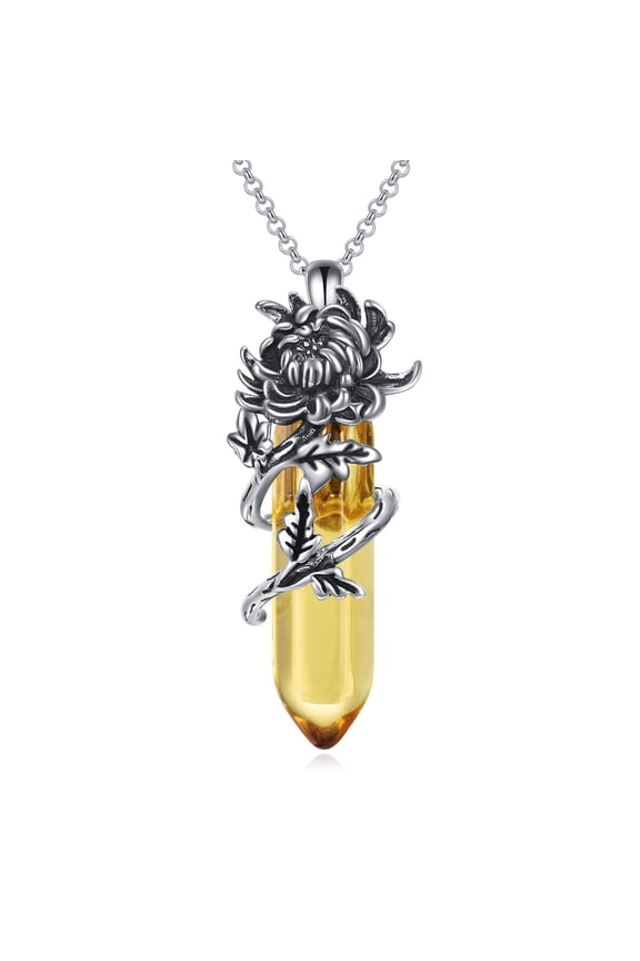 November Birth Flower Necklace Jewelry Chrysanthemum with Yellow Quartz Healing Stone Necklace for Women Sterling Silver Gifts for Mom Birthday (11-November)