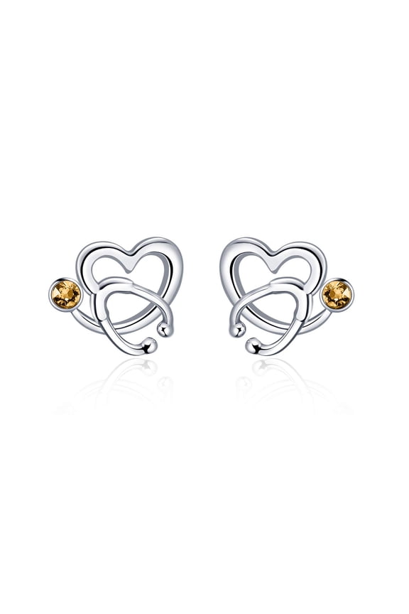 Nurse Earrings 925 Sterling Silver Stethoscope Studs Earrings Simulated 12 Months Birthstone Crystal from Austria, Graduation Jewelry Gifts for Nurse Doctor RN Medical