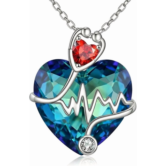 MYSTICPOEM Nurse Necklace Stethoscope Pendant with Heartbeat Blue Crystal, Medical Jewelry Gifts for Women, RN Registered Nurse Doctor Graduation Birthday Gift