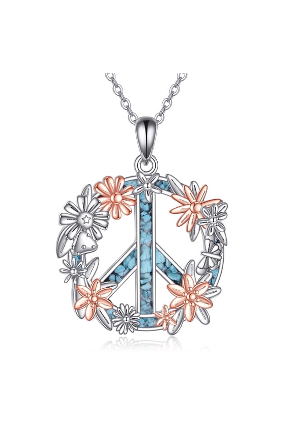 Peace Sign Necklace Sterling Silver Floral Peace Sign Pendant Necklace Hippie Jewelry for Women Hippie Gifts