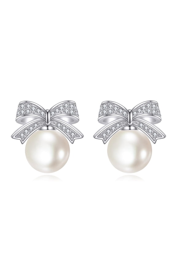 Pearl Stud Earrings 925 Sterling Silver Bow Pearl Earrings for Women Wedding Anniversary Jewelry Gifts